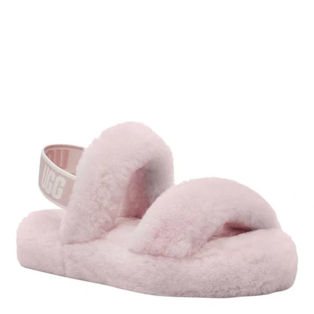 Fluffy Pink UGG Sandals with Elastic Logo Backstrap
